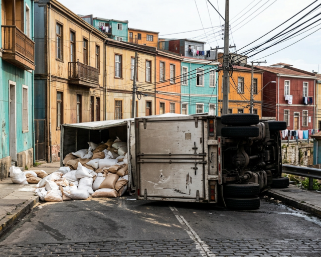Camión volcado cae sobre automóvil en Valparaíso y deja un lesionado