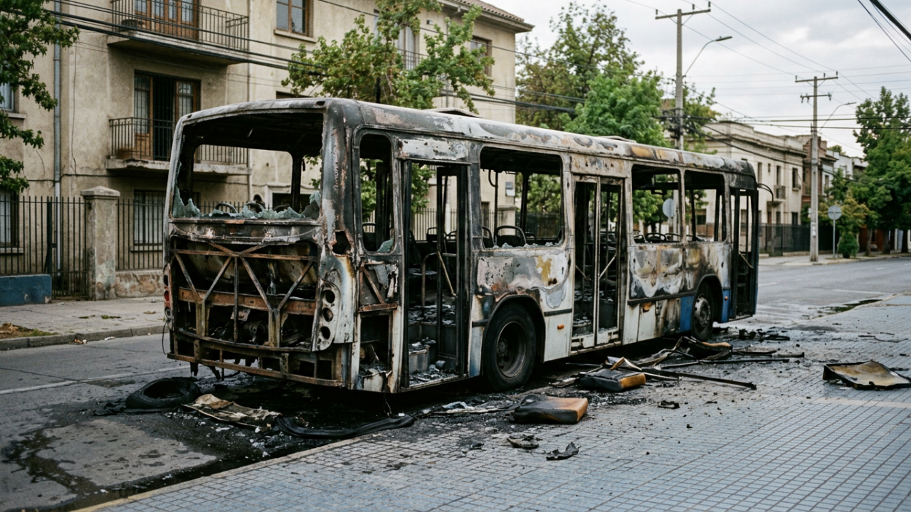 Bus del RED incendiado en Conchalí durante manifestación por Juan Aliste Vega